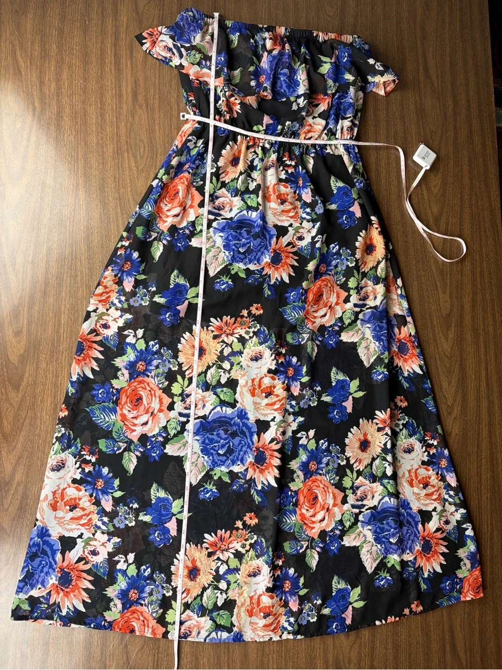 Forever 21 Floral Ruffle Strapless Maxi Dress Long Boho Vacation Fall Sz L EUC
